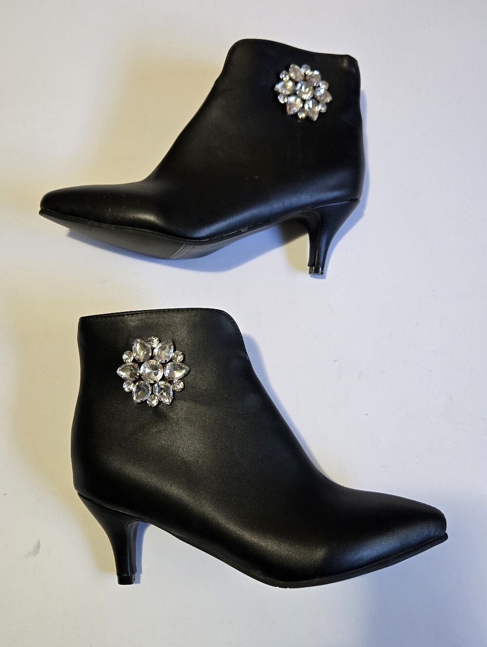 Women's Black Ankle Boots with Crystal Brooch Accent